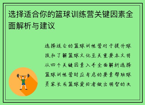 选择适合你的篮球训练营关键因素全面解析与建议